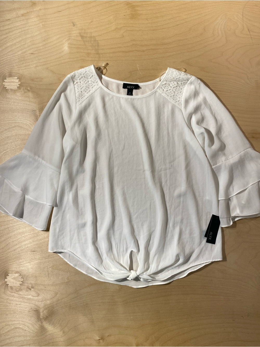 ALYX White Tie-Knot Lace Shoulder Bell-Sleeve Blouse Medium (RT)